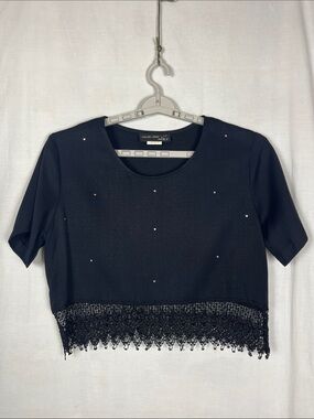 Vintage Sharade Nites Black Bedazzled Cropped Whimsigoth Blouse
